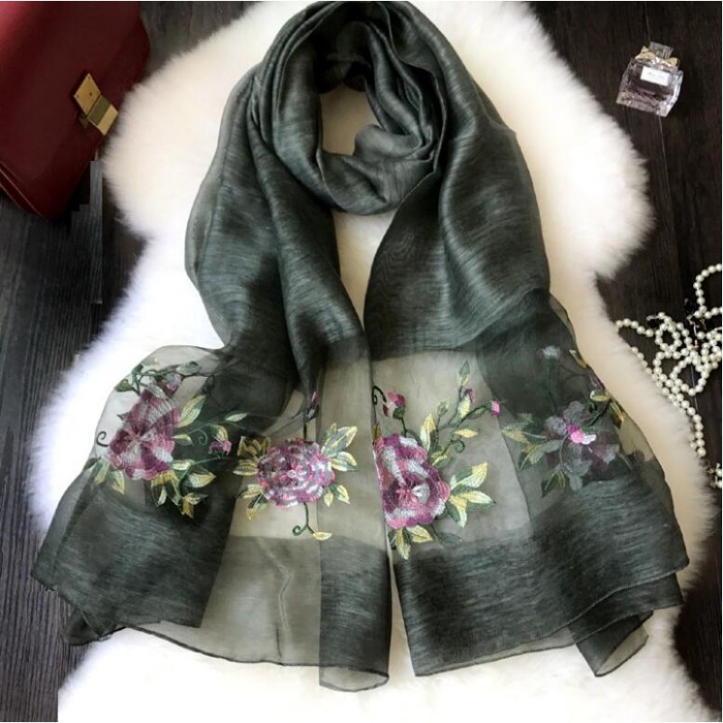 Wool Silk Scaves Black Embroidery Women Summer Scarf